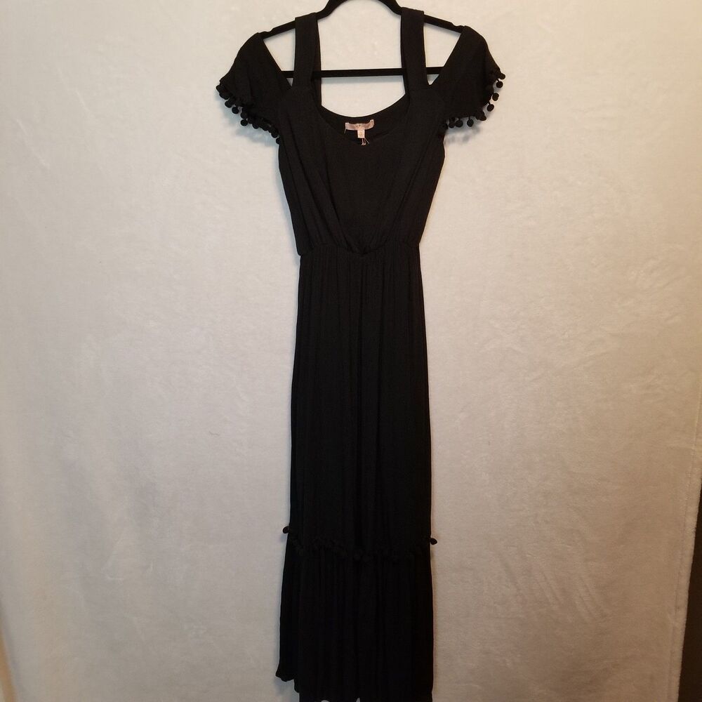 Gibson Latimer S Dress Maxi Crinkle Black Pom Pom Trim Split Sleeve Whimsigoth